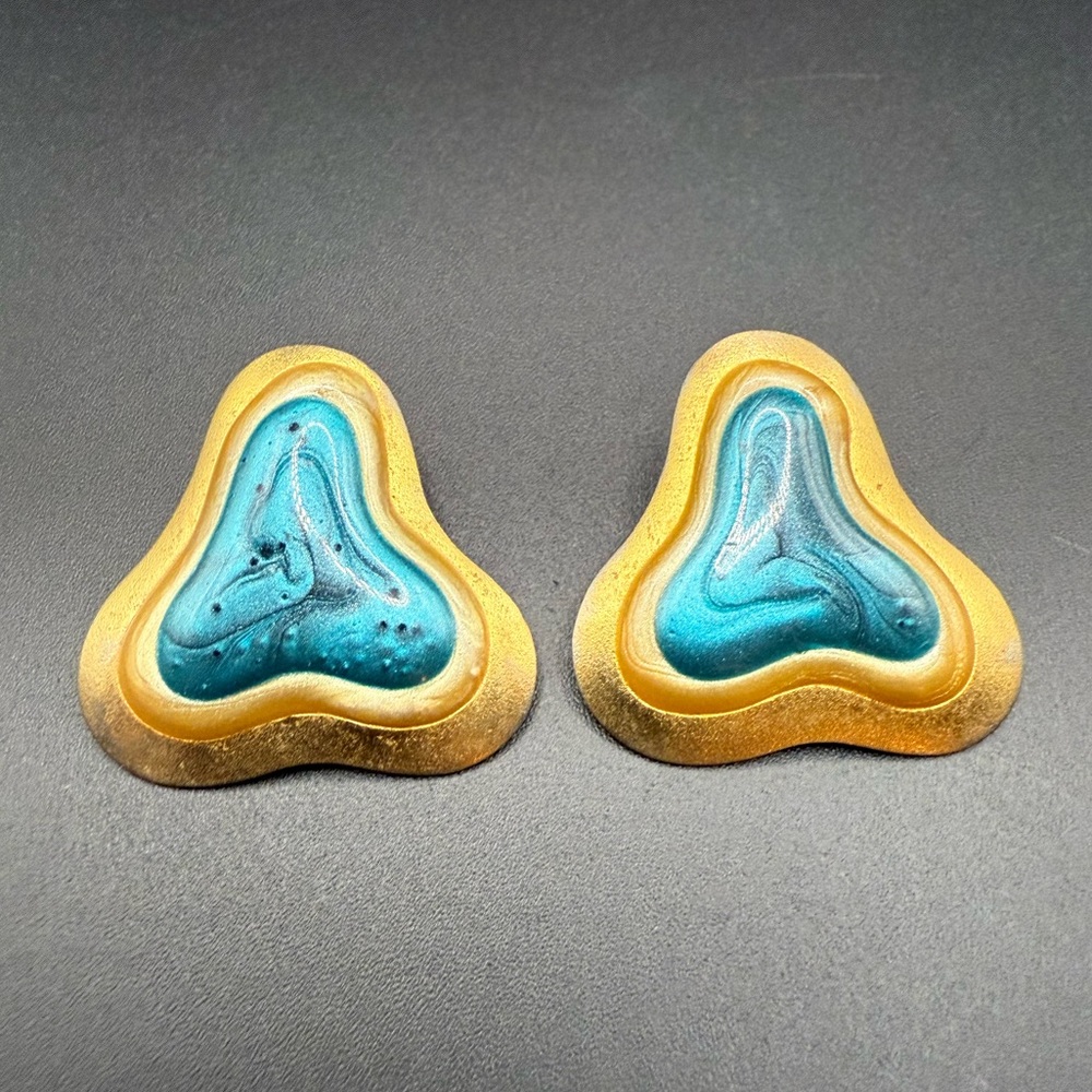 Vintage Gold Tone and Blue Abstract Earrings 80s Retro